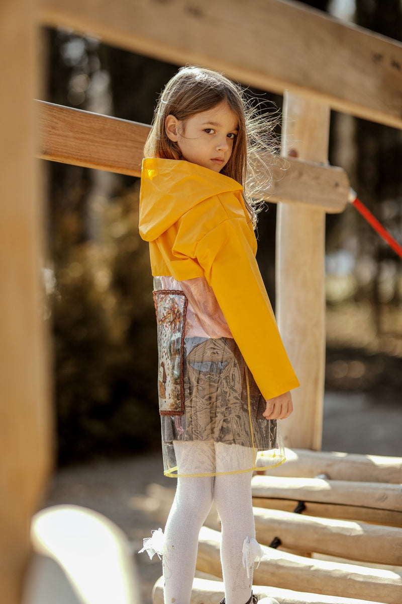 Eco-Friendly Transparent Raincoat with Artistic Print - Yellow