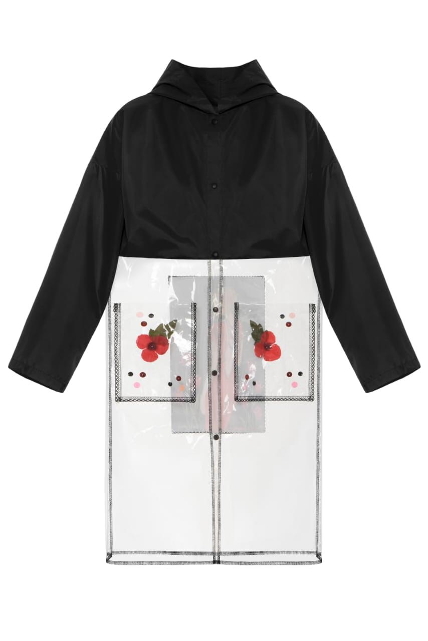 100% EVA Children's Clear Raincoat Transparent Hooded Long Jacket /  BLACK TRIM